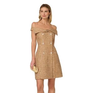 New Adrianna Papell Gold Tweed Off the Shoulder Jeweled Chic Cocktail Dress
